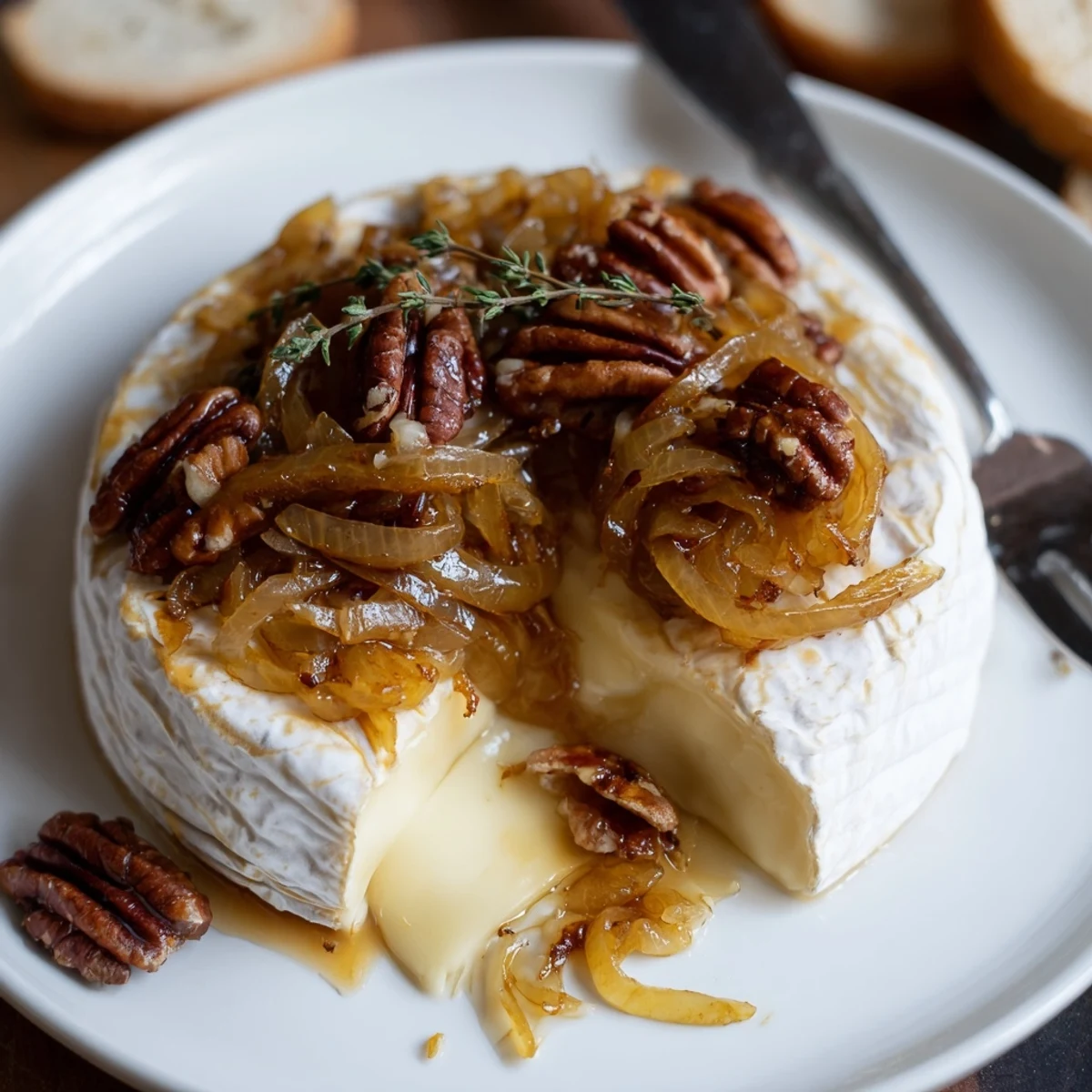 Bubbling golden top, crunchy pecans, honey on Baked Brie With Caramelized Onions And Pecans
