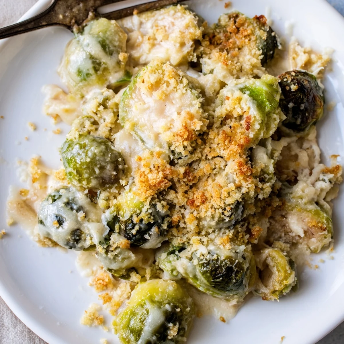 Sliced sprouts in Creamy Parmesan Brussels Sprouts Casserole with creamy sauce and browned panko