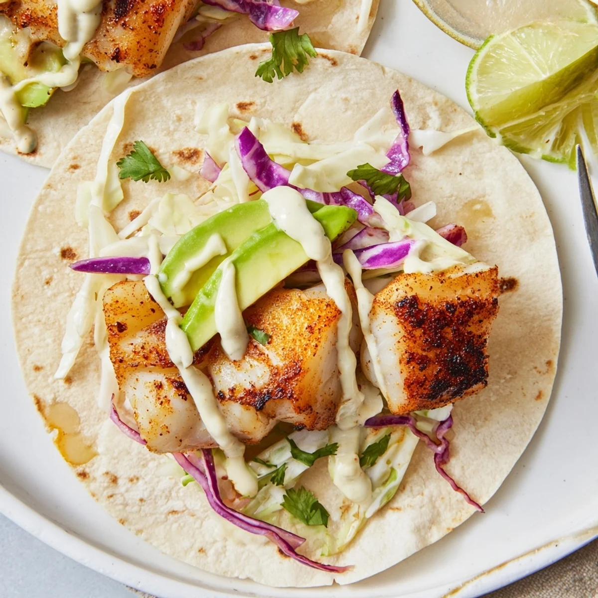 Plate of Baked Cod Fish Tacos with Creamy Cilantro Lime Sauce, avocado slices