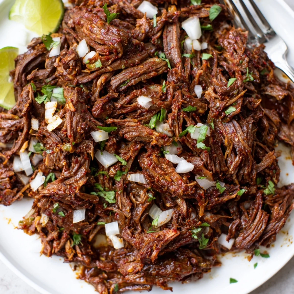 Slow Cooker Beef Barbacoa shredded over rice bowl, spicy, tangy, garnished with cilantro