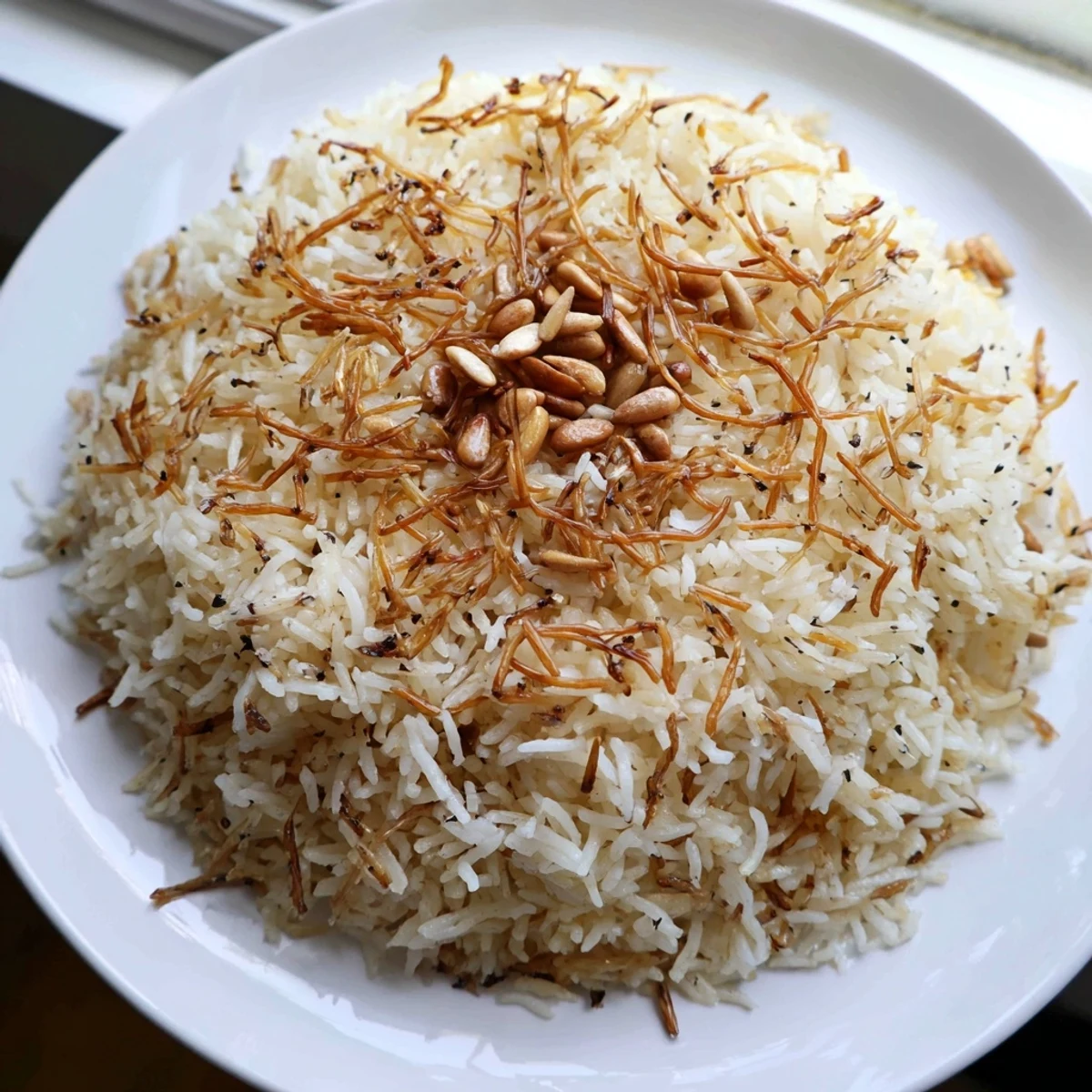 Fluffy Lebanese Rice with golden toasted vermicelli and pine nuts on a rustic plate