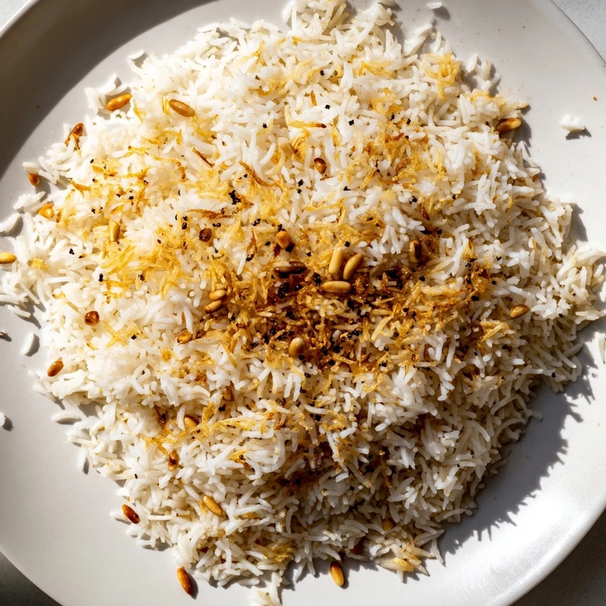 Steaming bowl of Lebanese Rice topped with buttery pine nuts and fresh herbs