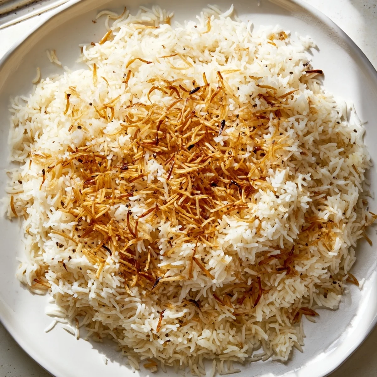A close-up of Lebanese Rice showing tender grains mixed with crispy browned vermicelli noodles