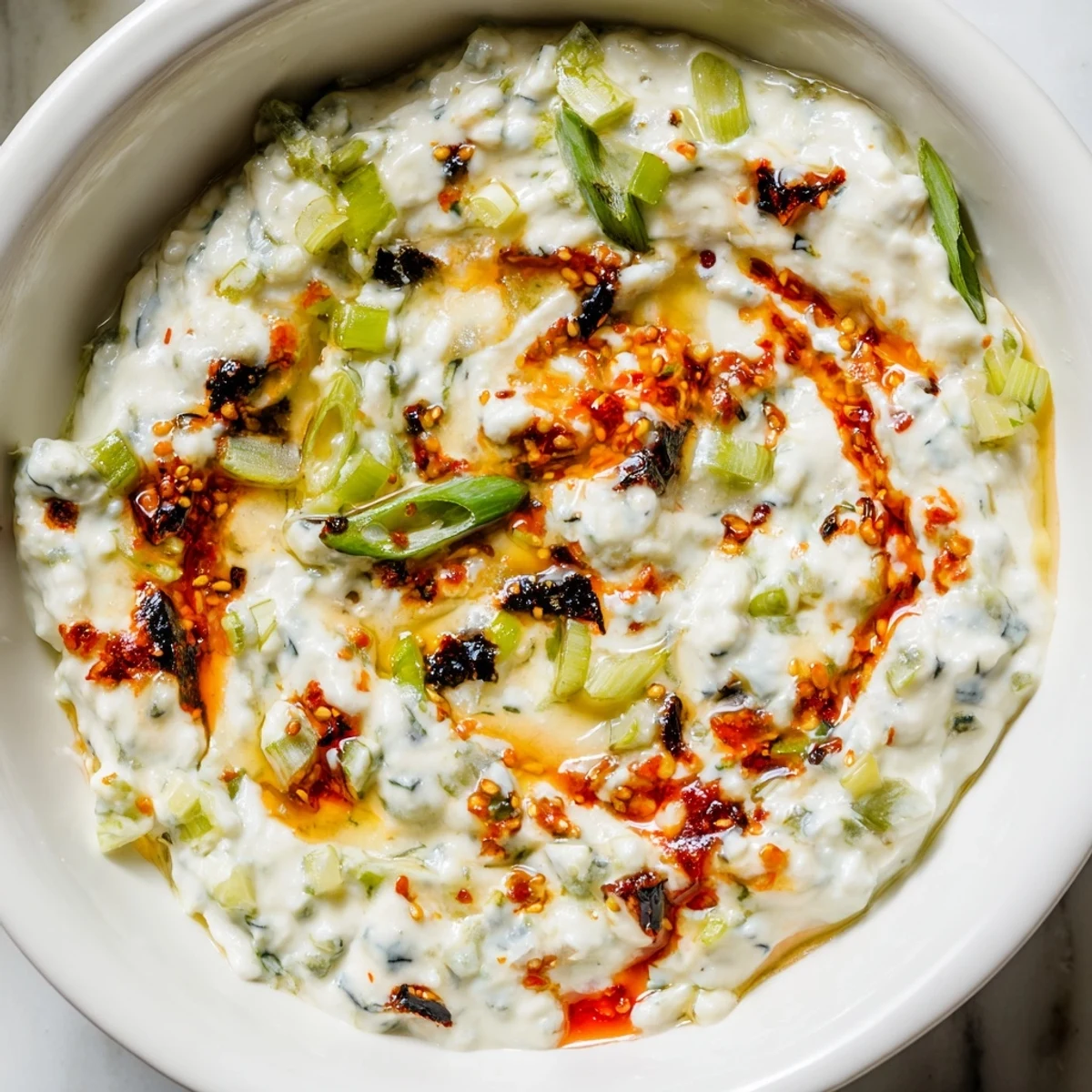 Creamy charred scallion and chili crisp dip topped with a spicy oil swirl