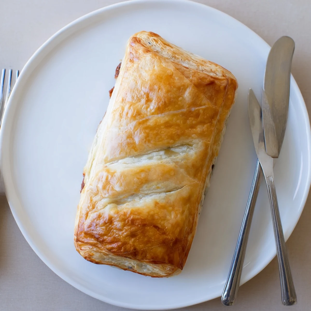 Golden Greggs inspired steak and cheese roll with melted cheddar oozing from flaky puff pastry