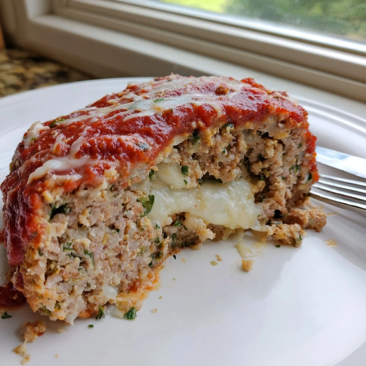 Golden Parmesan chicken meatloaf sliced thick and topped with rich marinara sauce