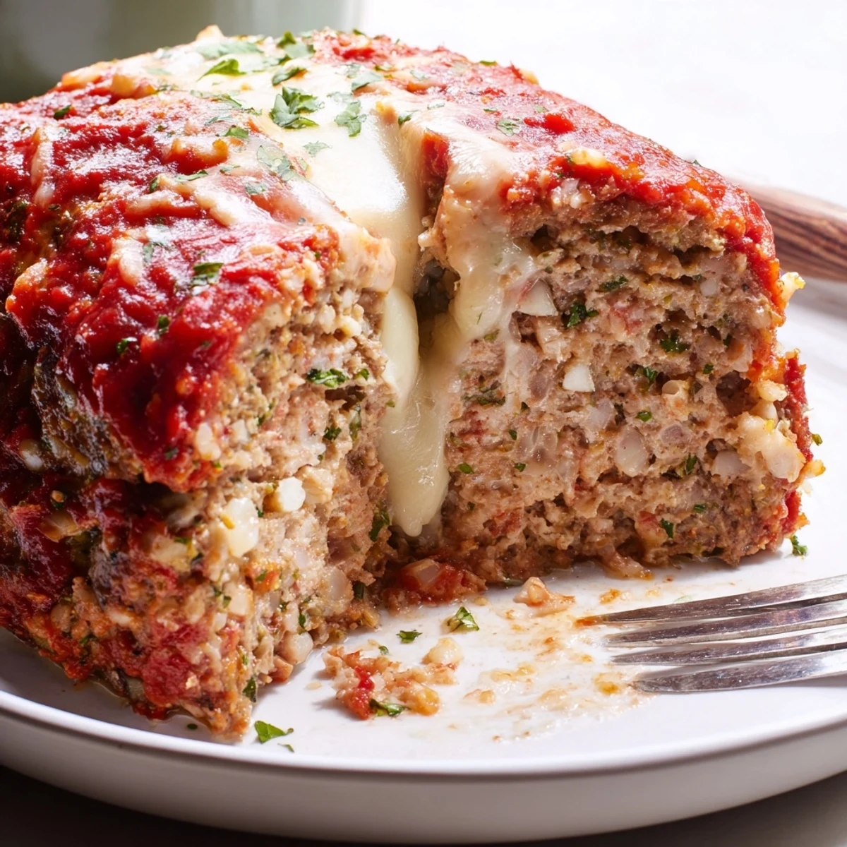Juicy Parmesan chicken meatloaf fresh from the oven with melted cheese bubbling on top