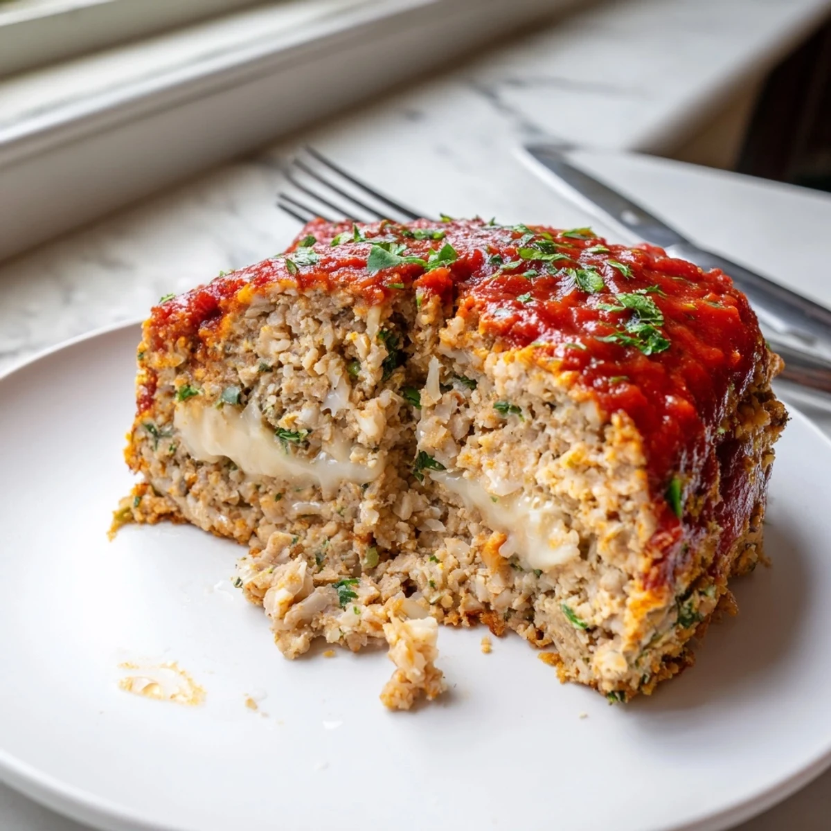 Tender Parmesan chicken meatloaf served on a plate alongside pasta and fresh parsley garnish