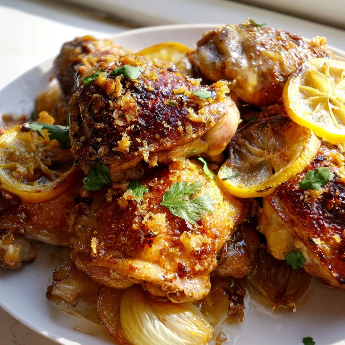 Golden crispy ginger garlic chicken thighs baked over caramelized onions in a rustic dish
