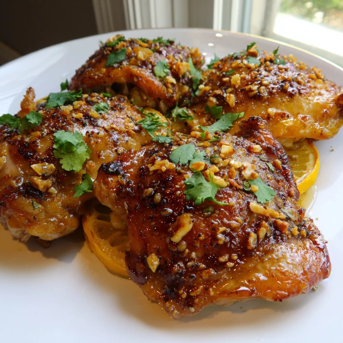 Juicy ginger garlic chicken thighs with glossy browned skin served on a warm platter
