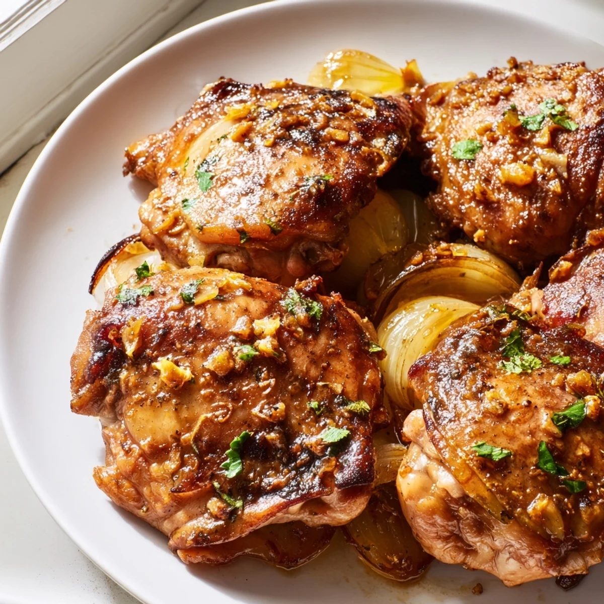 Tender ginger garlic chicken thighs garnished with fresh cilantro and bright lemon slices