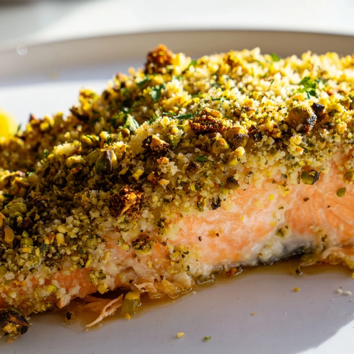 Crispy maple pistachio salmon served on a white plate with roasted vegetables and quinoa
