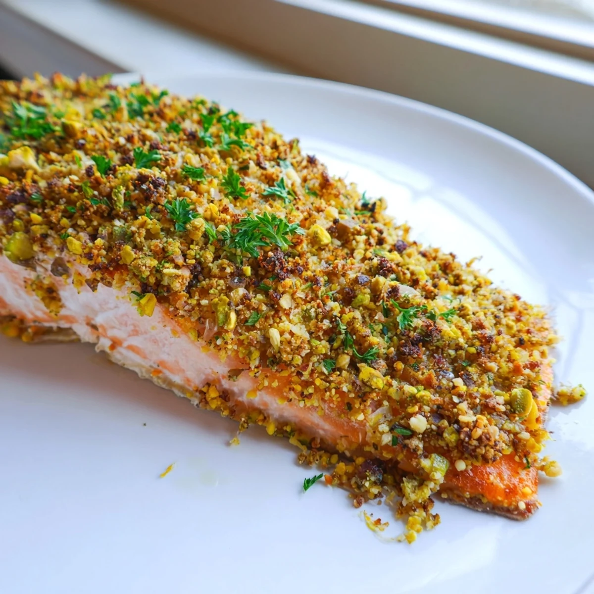 Golden maple pistachio salmon fillet with a crunchy nut crust on a parchment-lined baking sheet