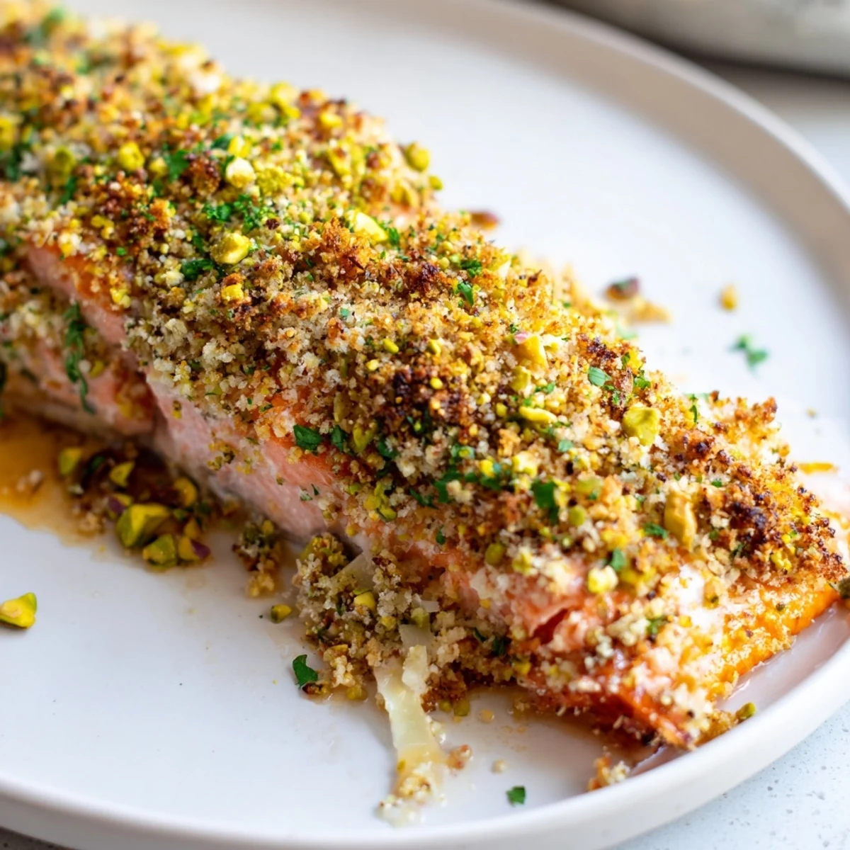 Close-up of maple pistachio salmon showing its caramelized golden crust and tender pink flakes