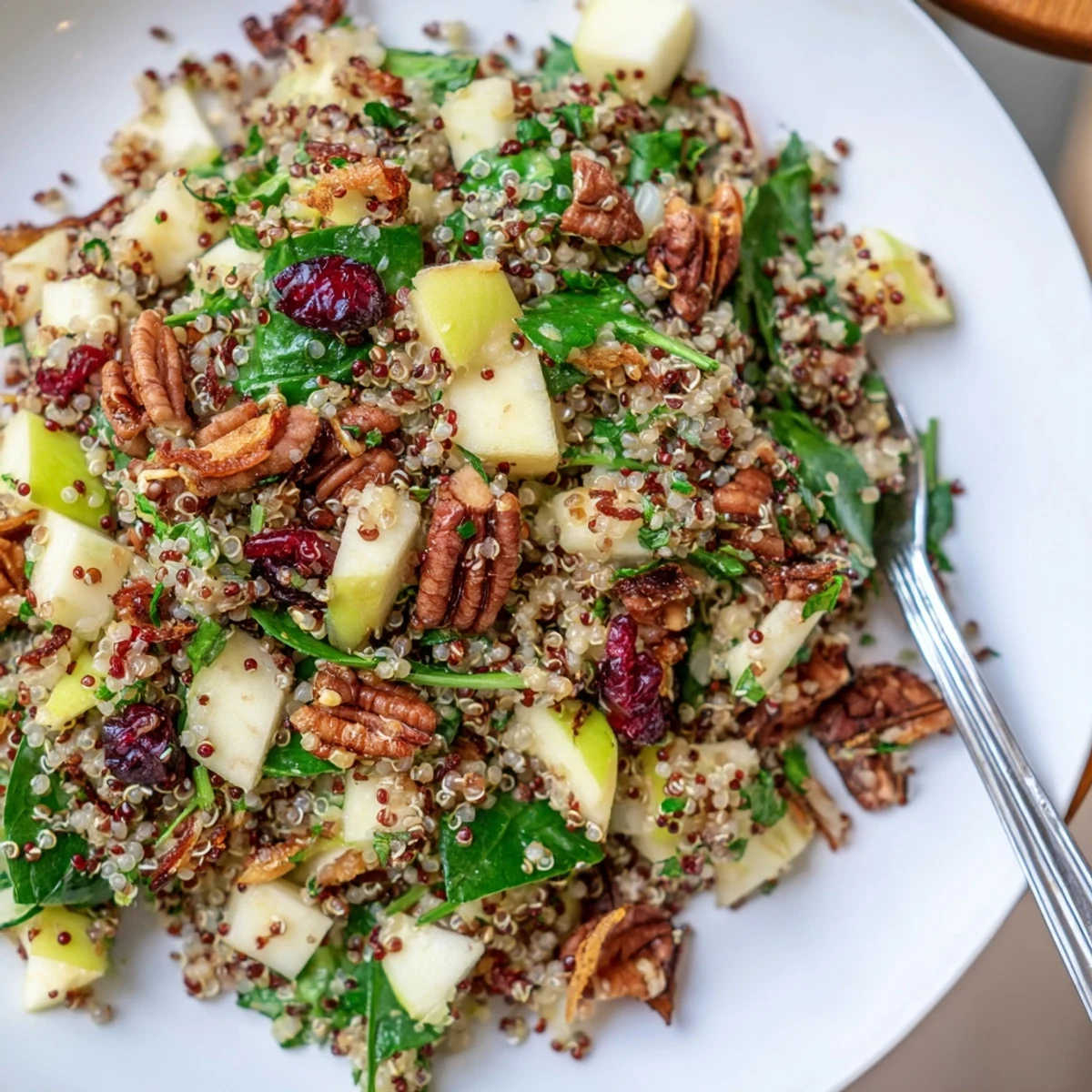 A vibrant honey mustard quinoa apple salad tossed with cranberries pecans and fresh spinach