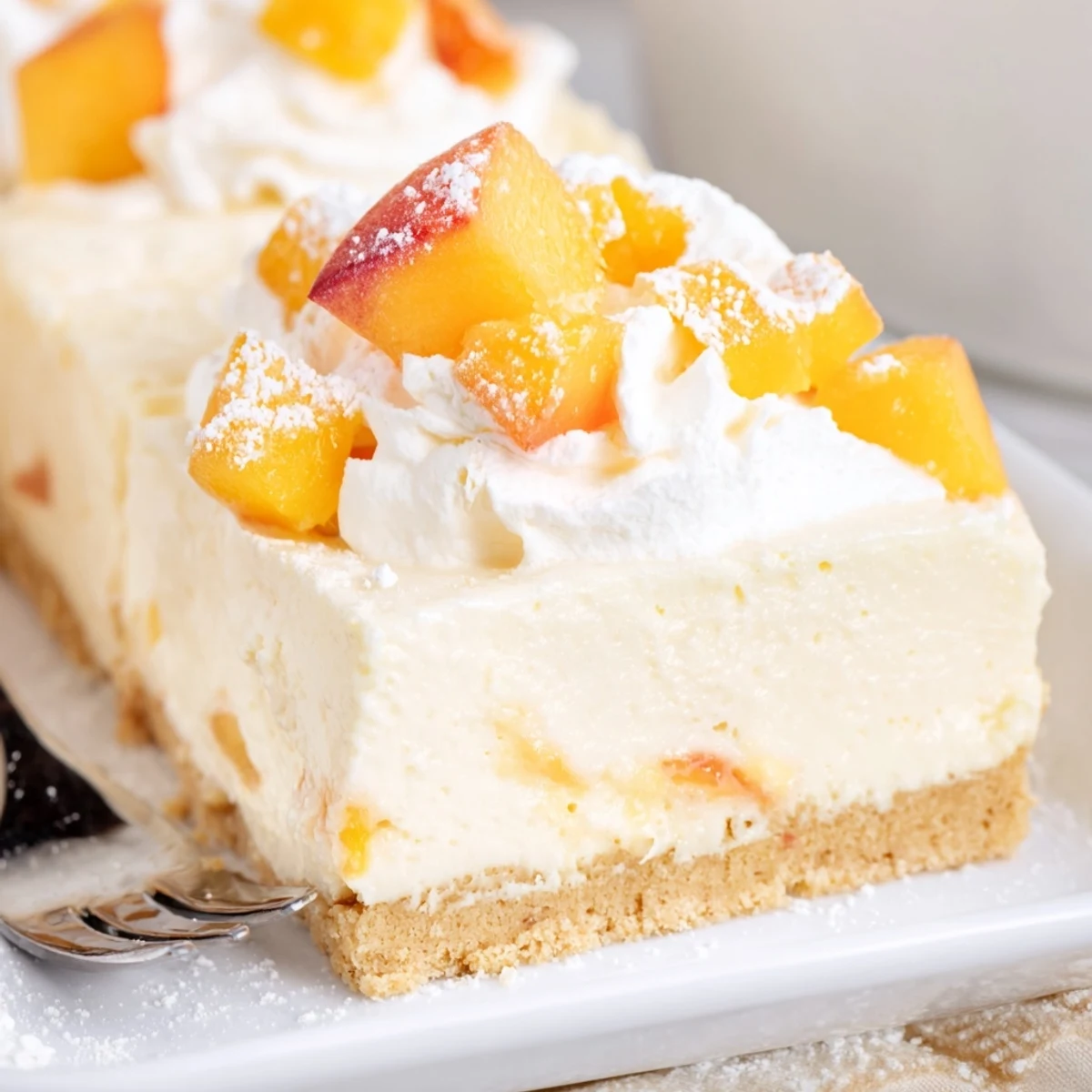 Creamy peaches and cream cheesecake bars with golden graham crust and fresh peach topping