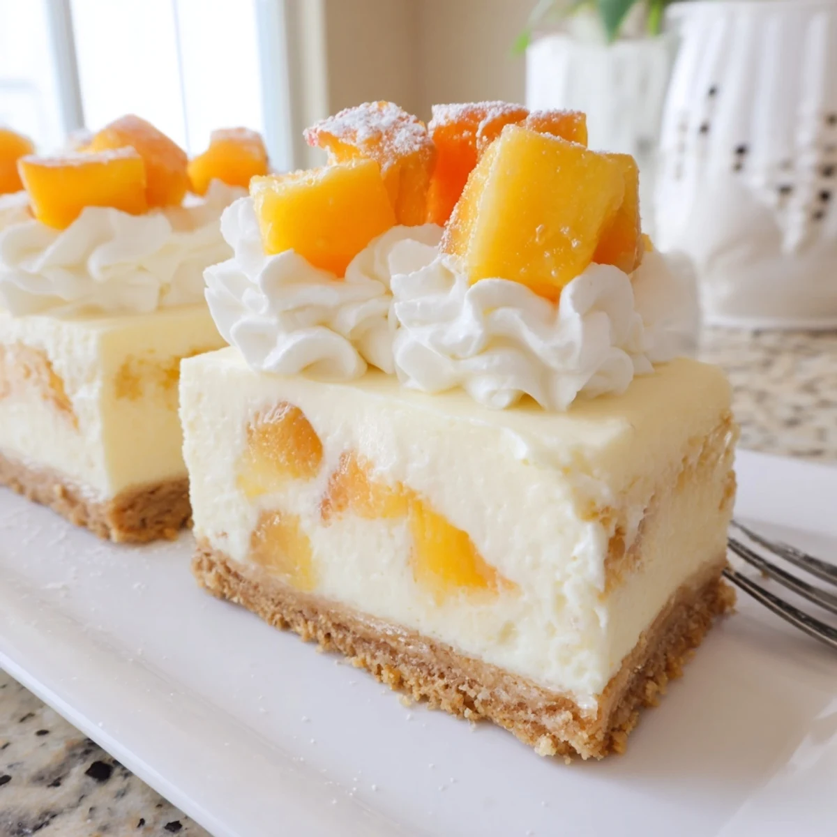 Golden sliced peaches and cream cheesecake bars topped with whipped cream dollops
