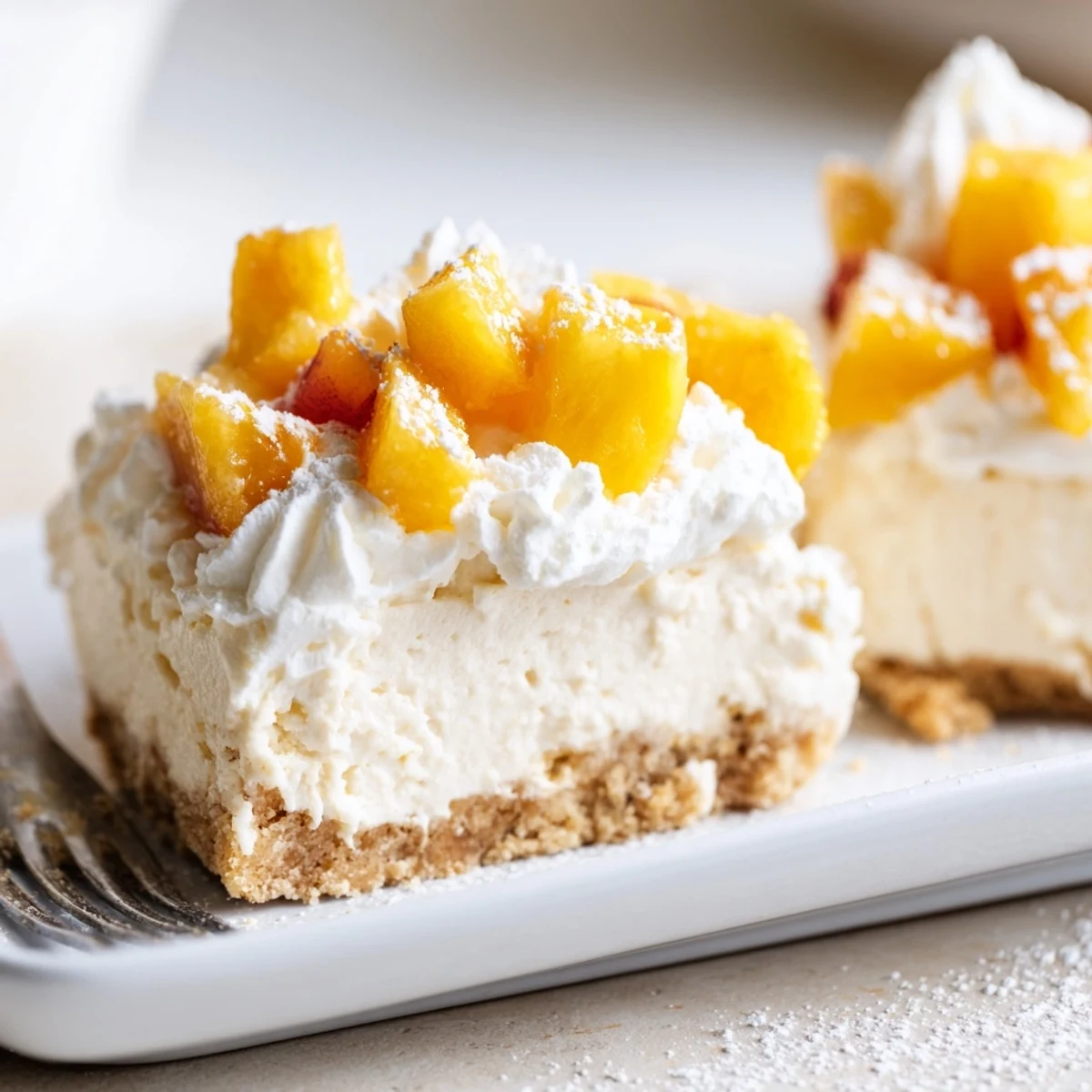 Chilled peaches and cream cheesecake bars on a rustic summer dessert table display