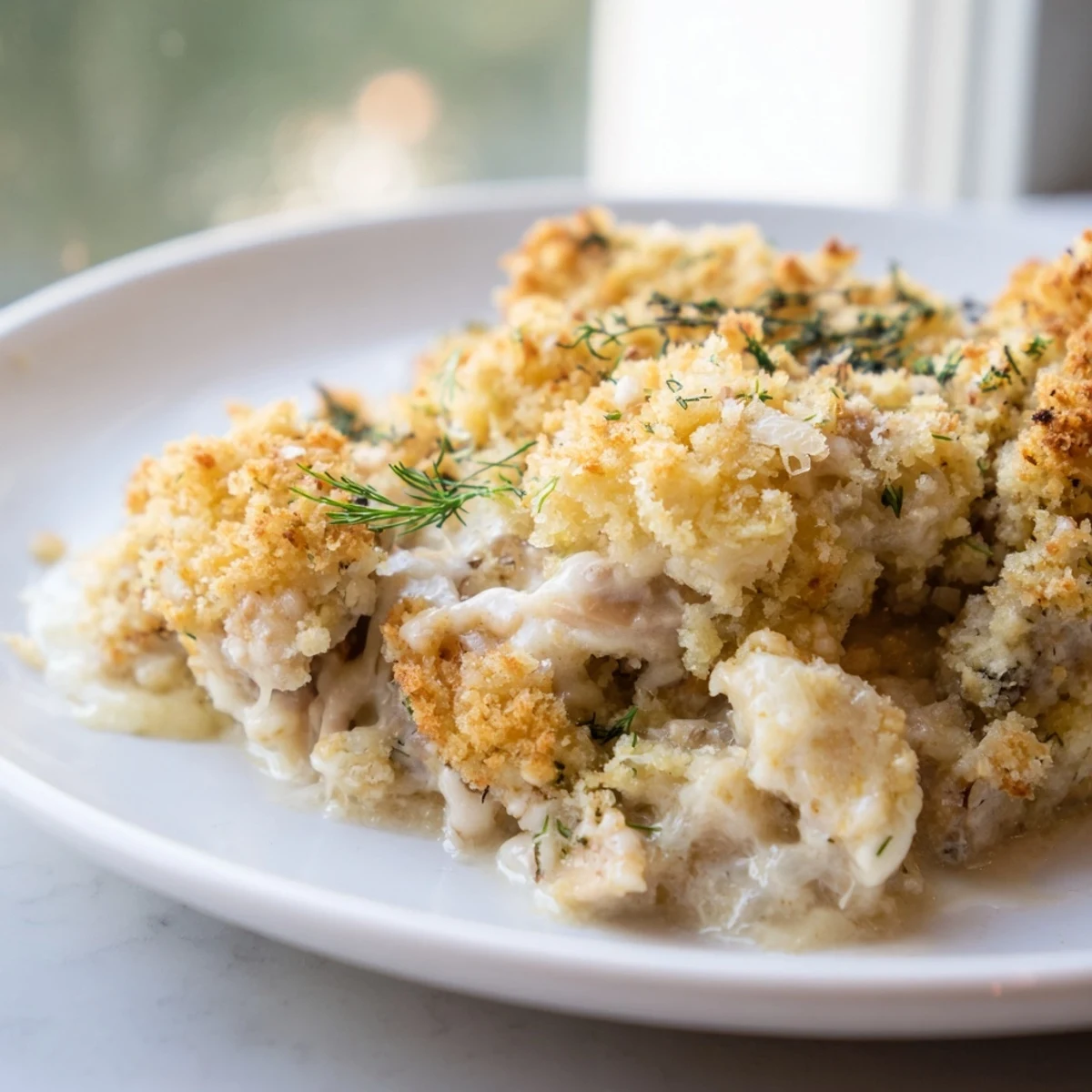 Golden crispy Chicken Kiev Casserole fresh from the oven with herb butter sauce