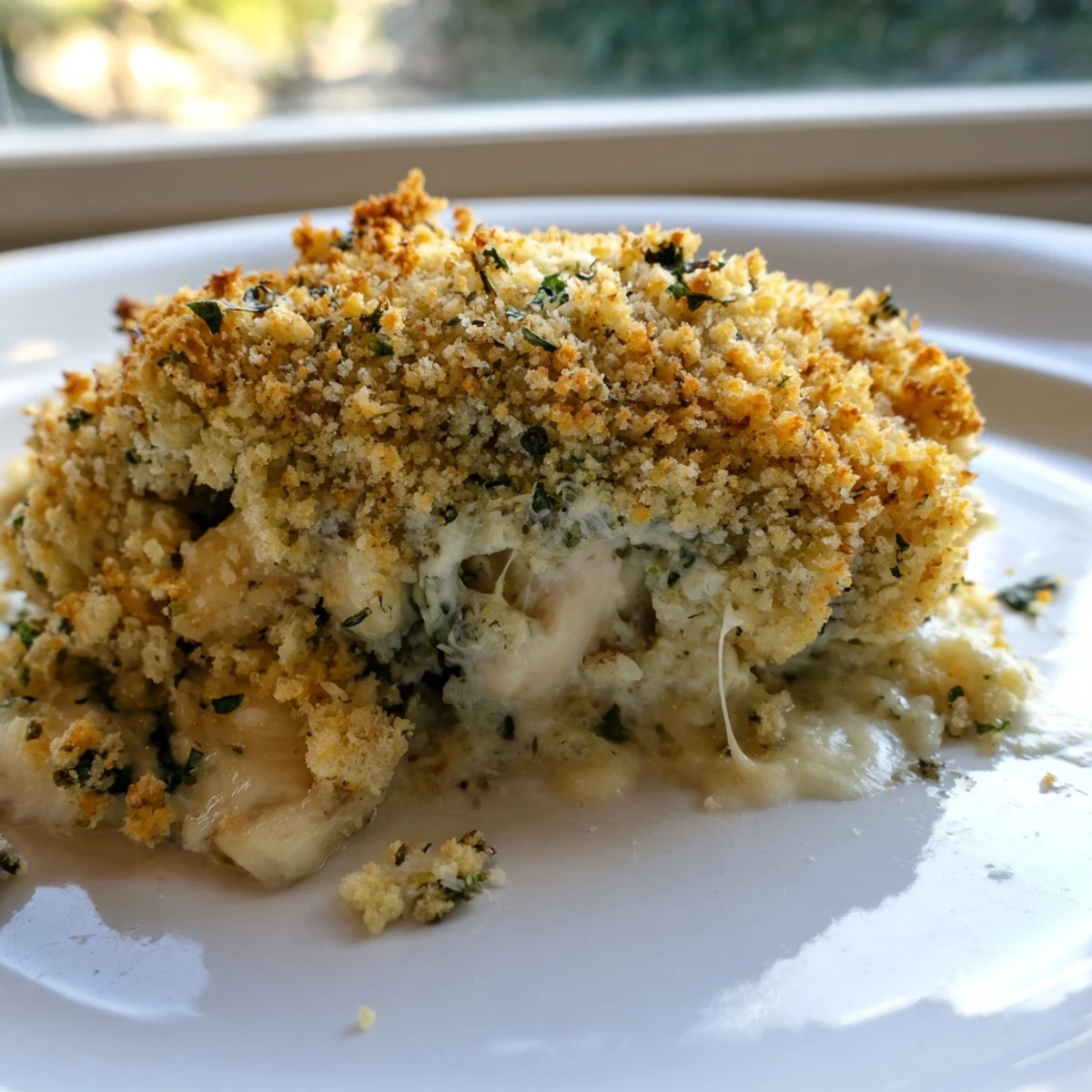 Creamy Chicken Kiev Casserole topped with crunchy panko breadcrumbs in a baking dish