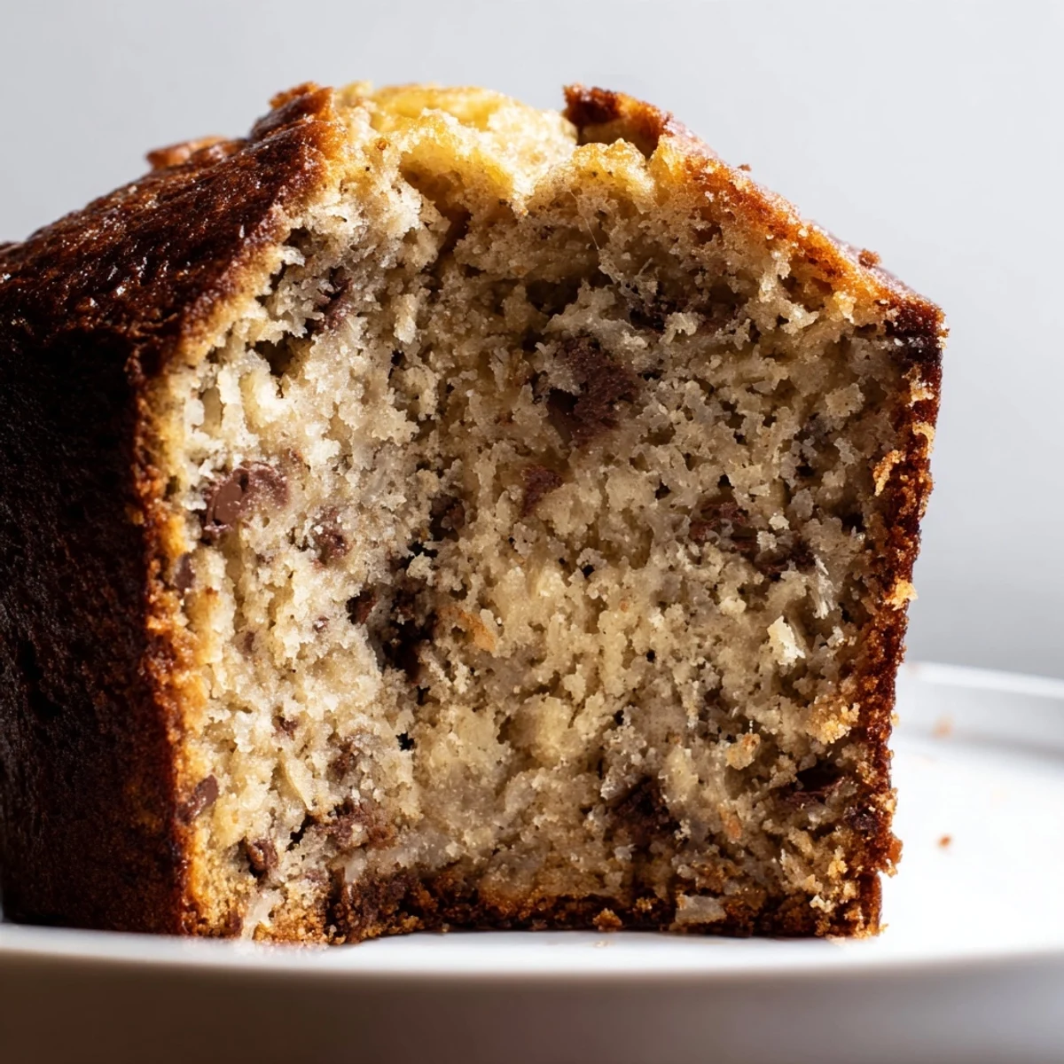 Golden banana cake sliced on a rustic plate with a moist, tender crumb