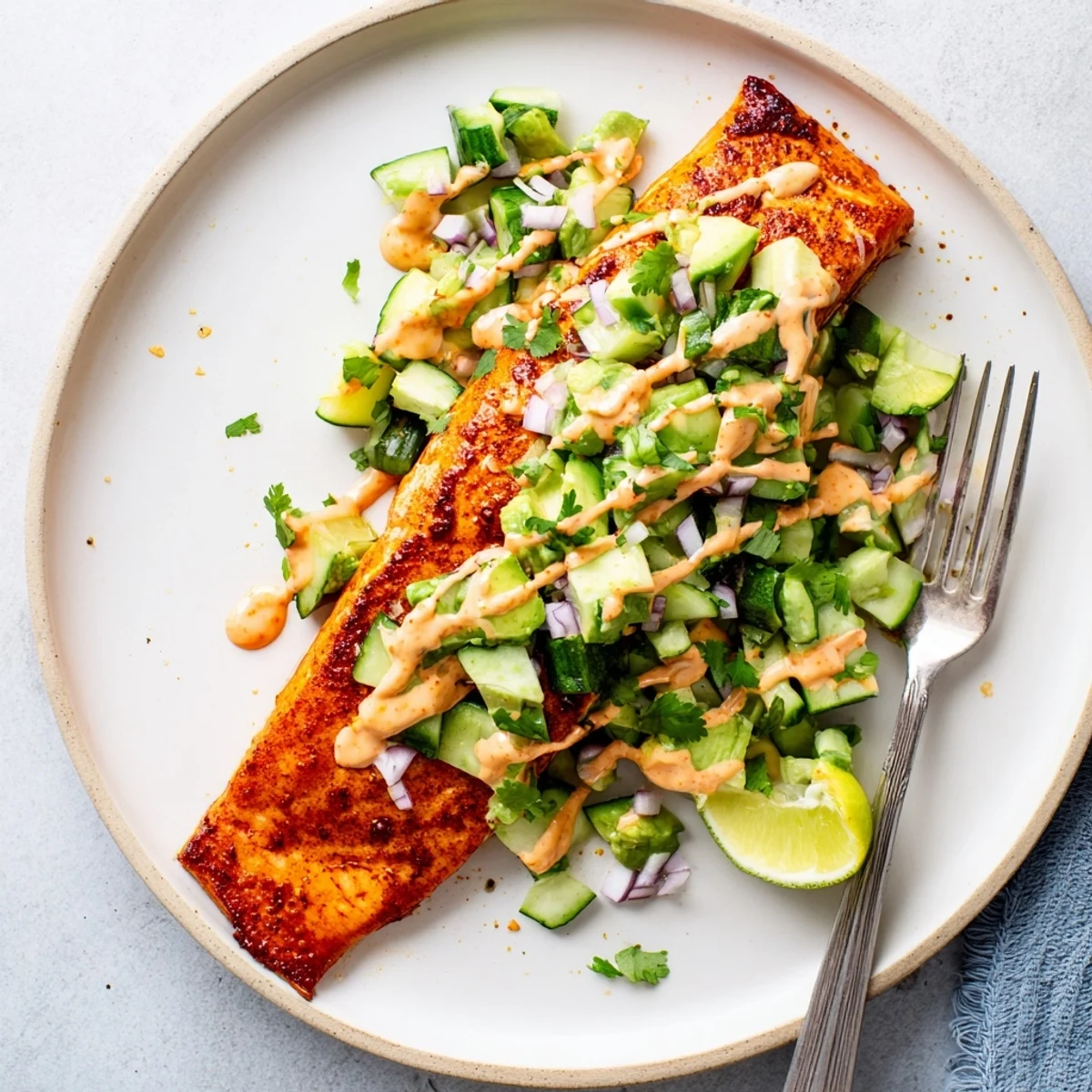 Perfectly baked Bang Bang Salmon topped with creamy spicy sauce and fresh avocado cucumber salsa
