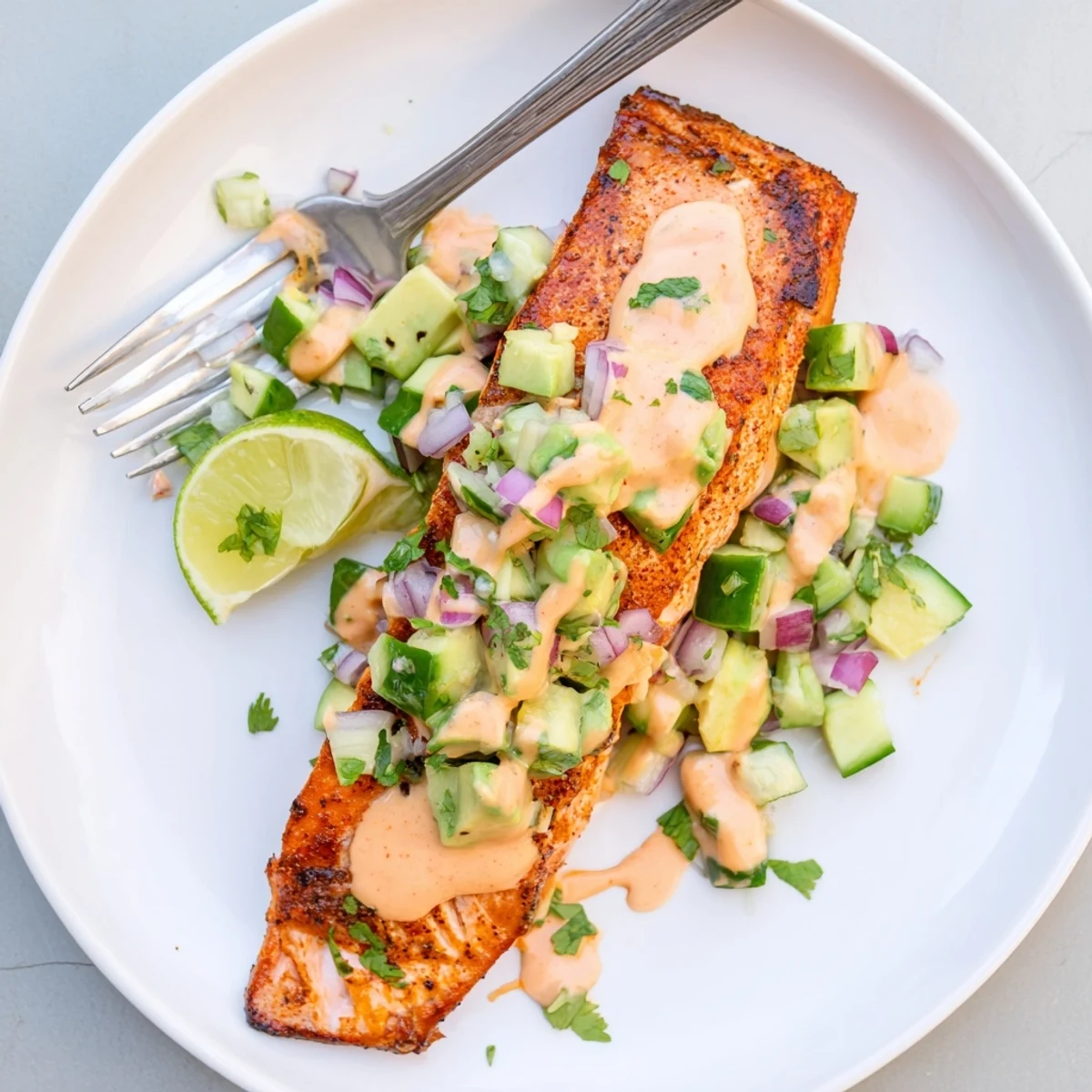Golden flaky Bang Bang Salmon drizzled with sweet chili sauce over cool avocado cucumber salsa
