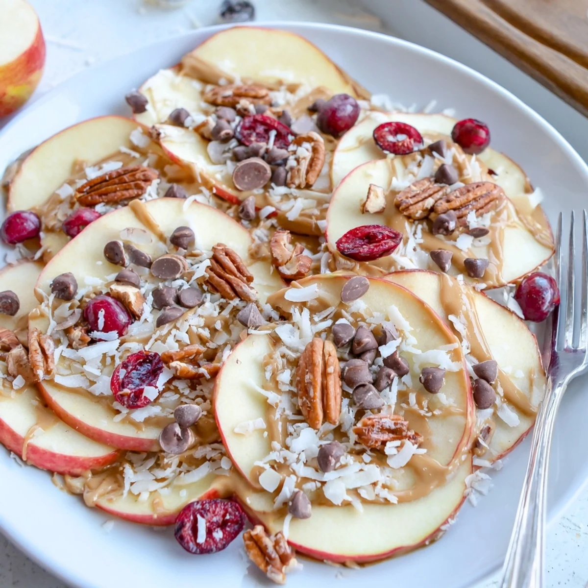 Crispy apple nachos with cinnamon tahini drizzle topped with coconut and chocolate chips