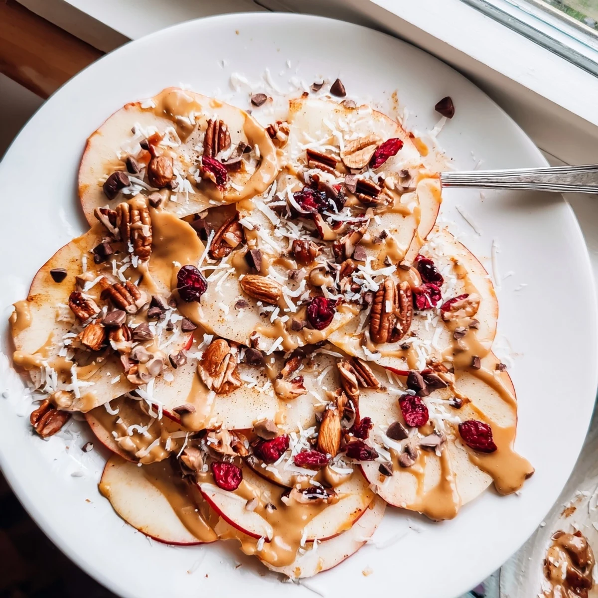 Crispy apple nachos drizzled with warm spiced tahini and sprinkled with dried cranberries