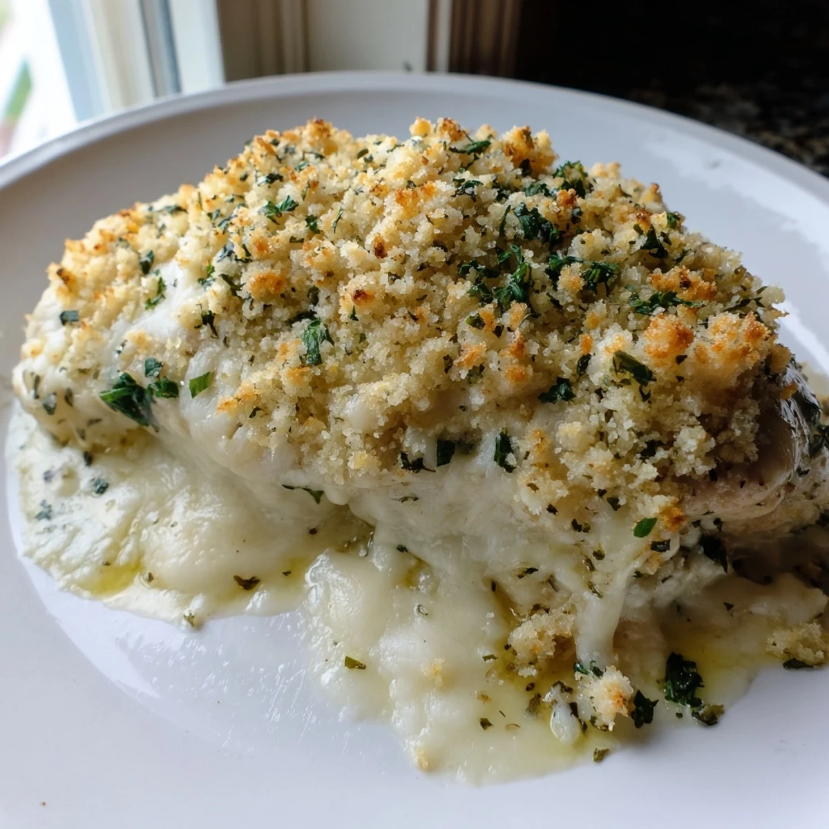 Golden-crusted ricotta chicken bake fresh from the oven with bubbling mozzarella topping