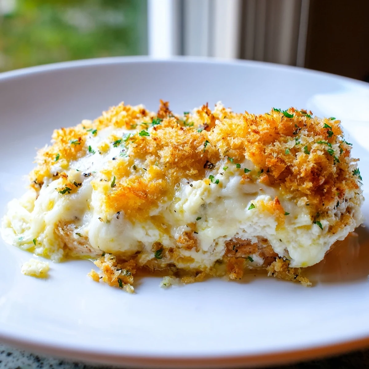 Creamy ricotta chicken bake plated on a white dish with fresh parsley garnish