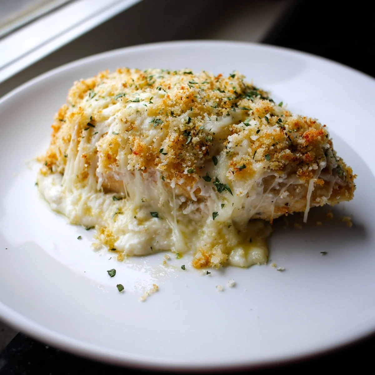 Ricotta chicken bake casserole with herb breadcrumb crust served alongside roasted vegetables