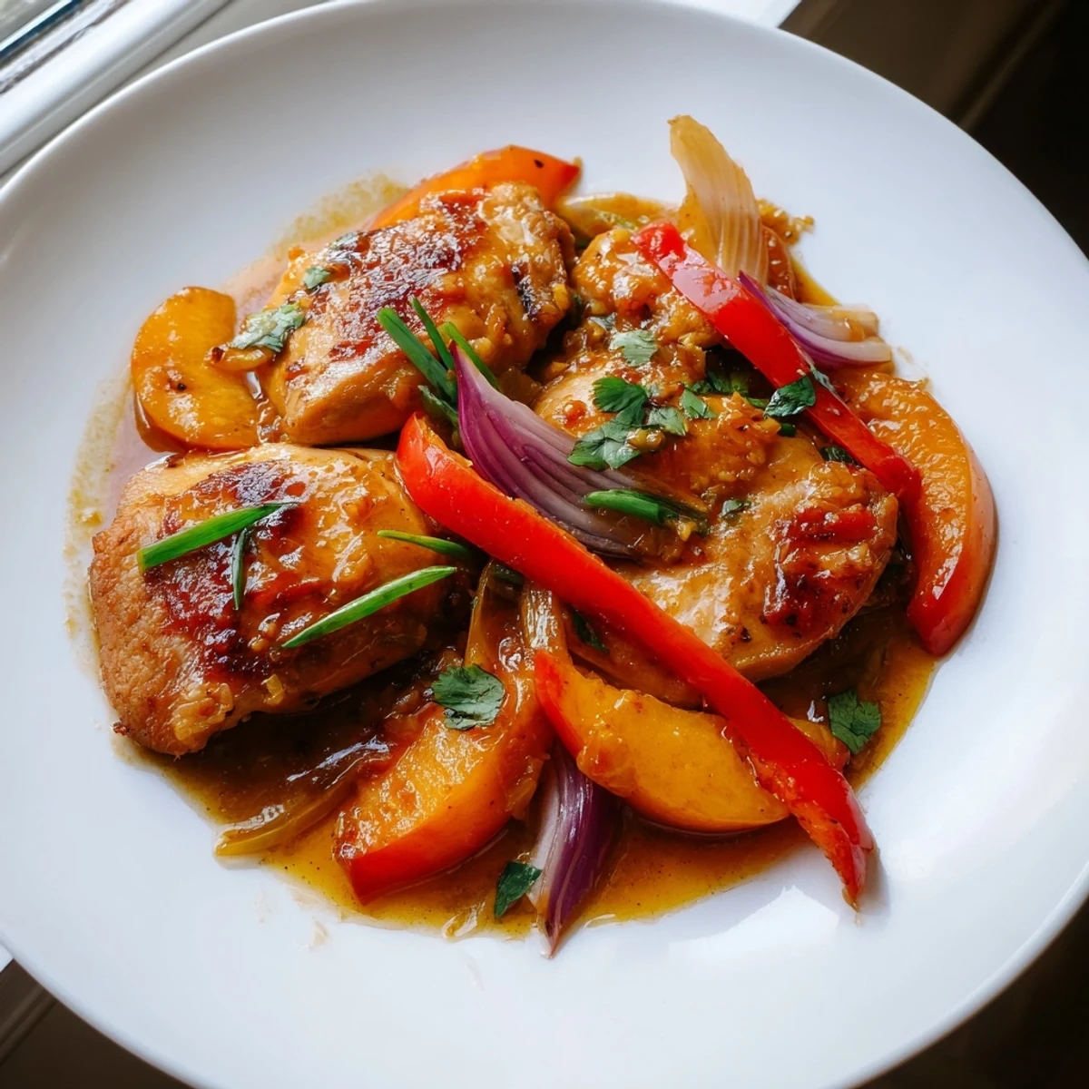 Glossy Thai Peach Chicken simmered in a sweet chili sauce over fluffy jasmine rice