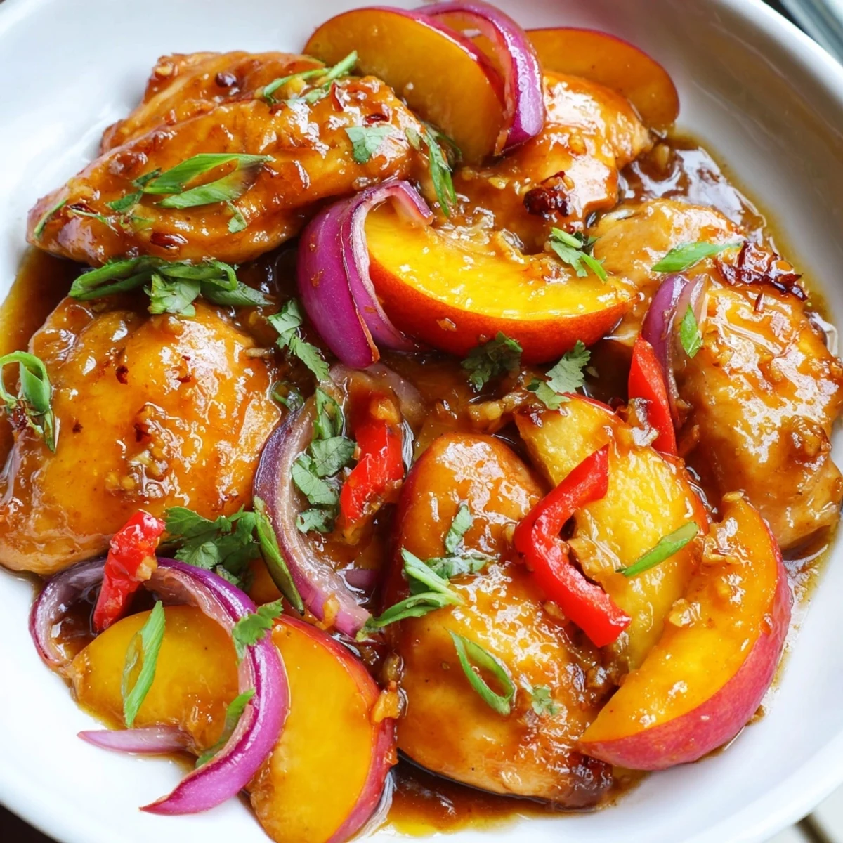 Golden seared Thai Peach Chicken with ripe peach slices and vibrant bell peppers