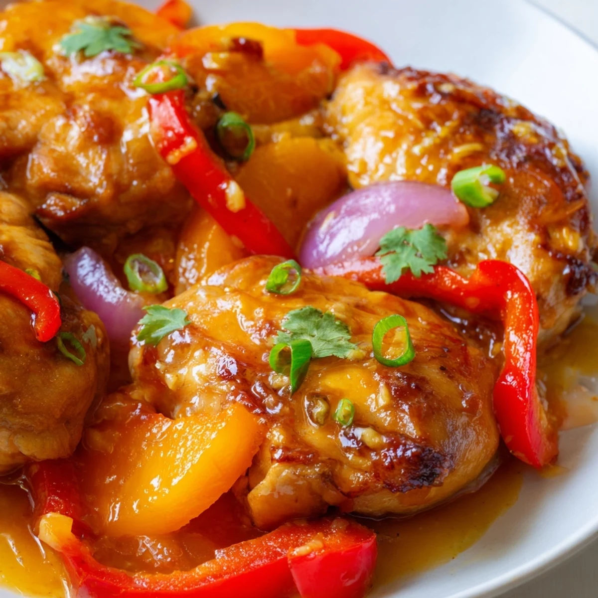 Tender Thai Peach Chicken garnished with fresh cilantro and spring onions on a plate