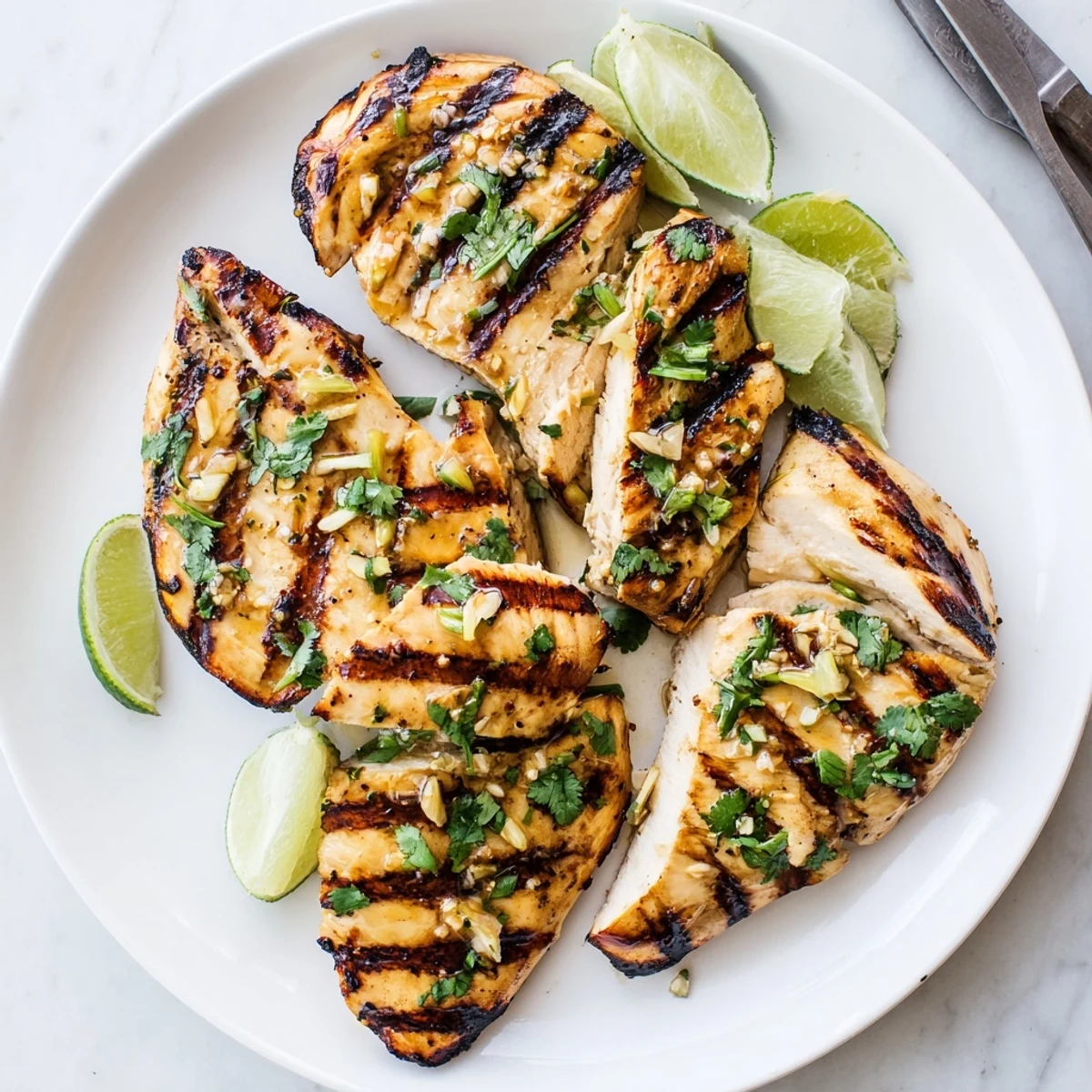 Golden grilled honey lime chicken with fresh cilantro and lime wedges on a white plate