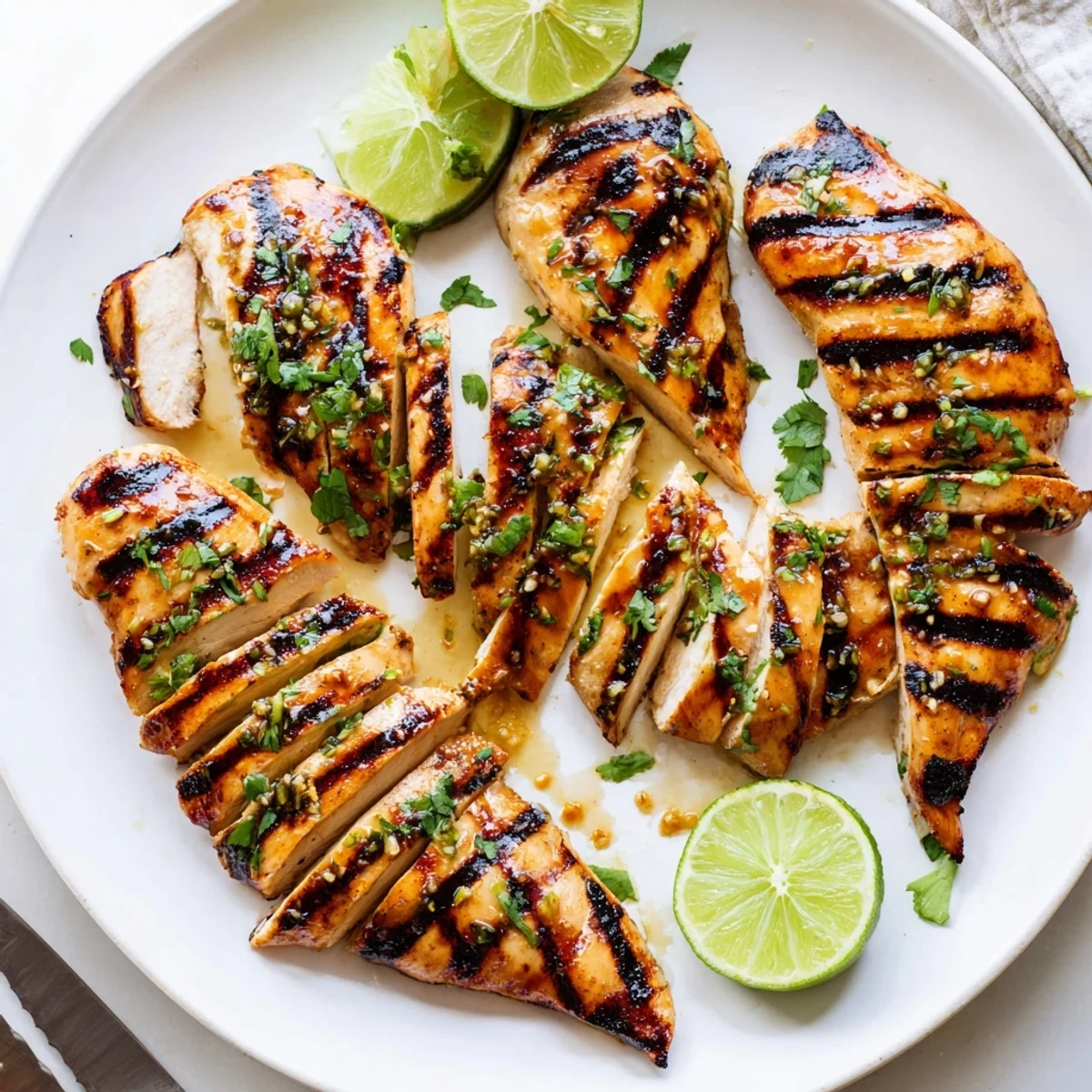 Charred honey lime chicken breasts garnished with cilantro served alongside fluffy white rice