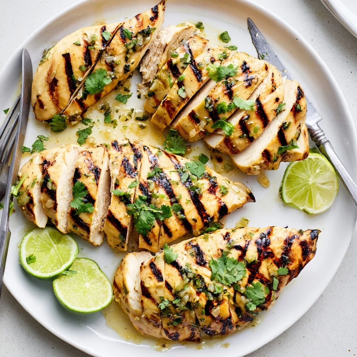 Juicy honey lime chicken sliced open showing tender meat topped with zesty marinade