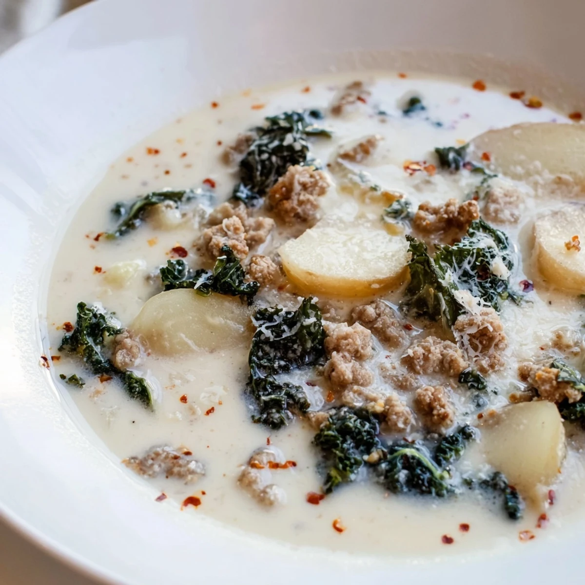 Creamy Zuppa Toscana soup loaded with sausage, kale, and tender potato slices