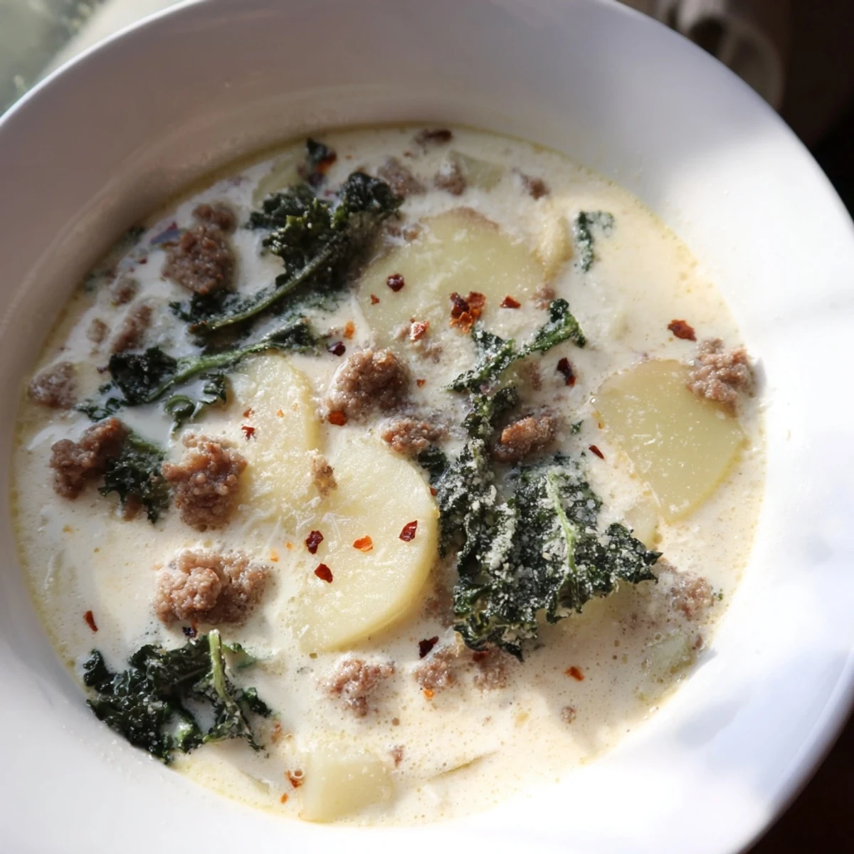 Steaming bowl of Zuppa Toscana soup topped with Parmesan and fresh kale