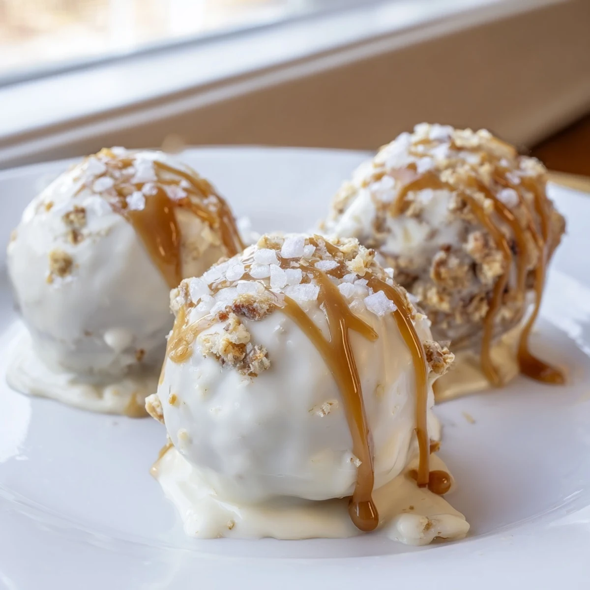 Creamy salted caramel pretzel cheesecake balls drizzled with golden caramel on a rustic tray