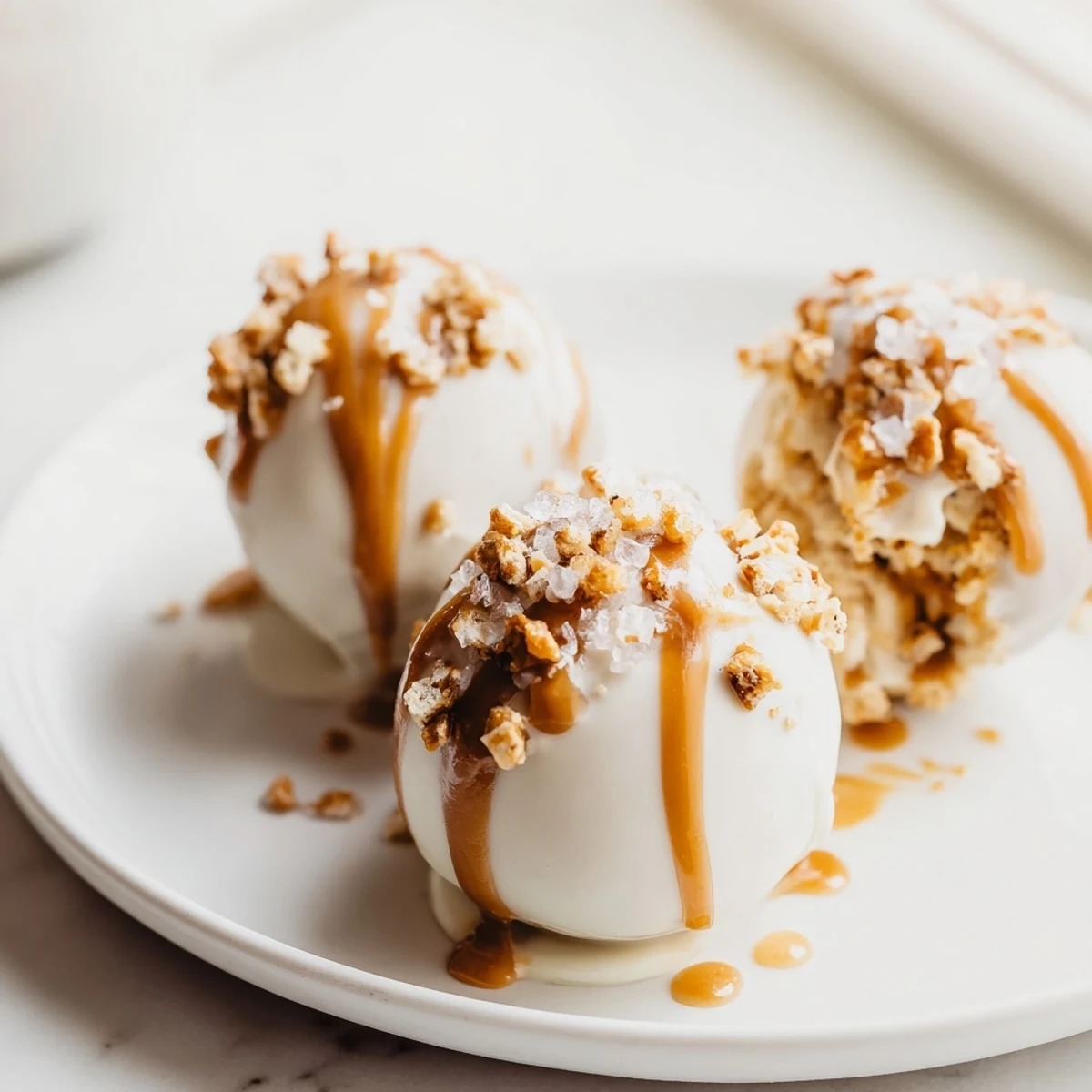 Golden caramel drips over white chocolate coated salted caramel pretzel cheesecake balls with crunchy topping