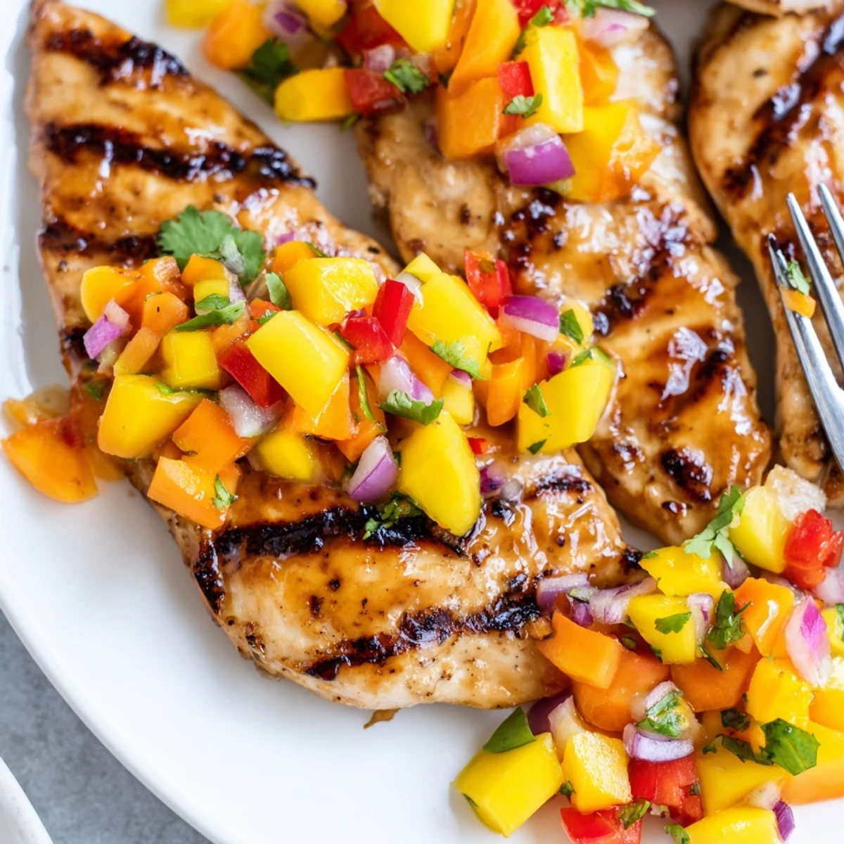 Golden grilled honey lime chicken topped with colorful, tropical mango salsa on a rustic plate