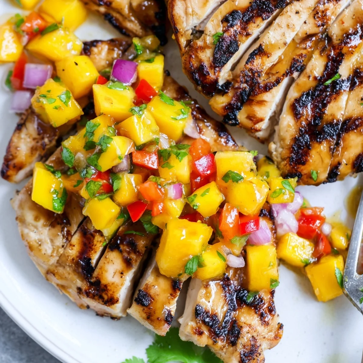 Sizzling honey lime chicken breasts smothered in vibrant mango salsa on a summer dinner plate