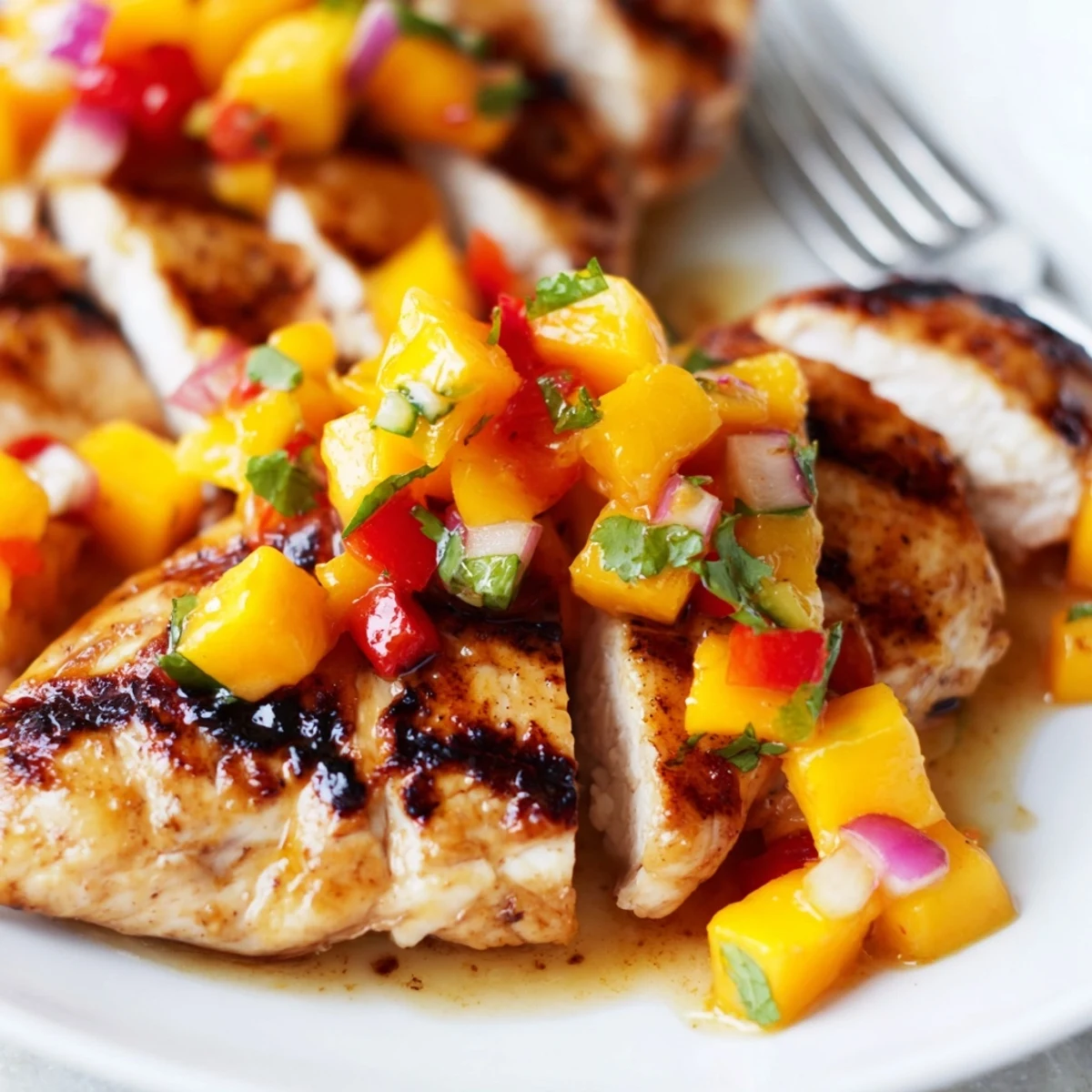 Juicy honey lime chicken with mango salsa served with fresh lime wedges and cilantro garnish