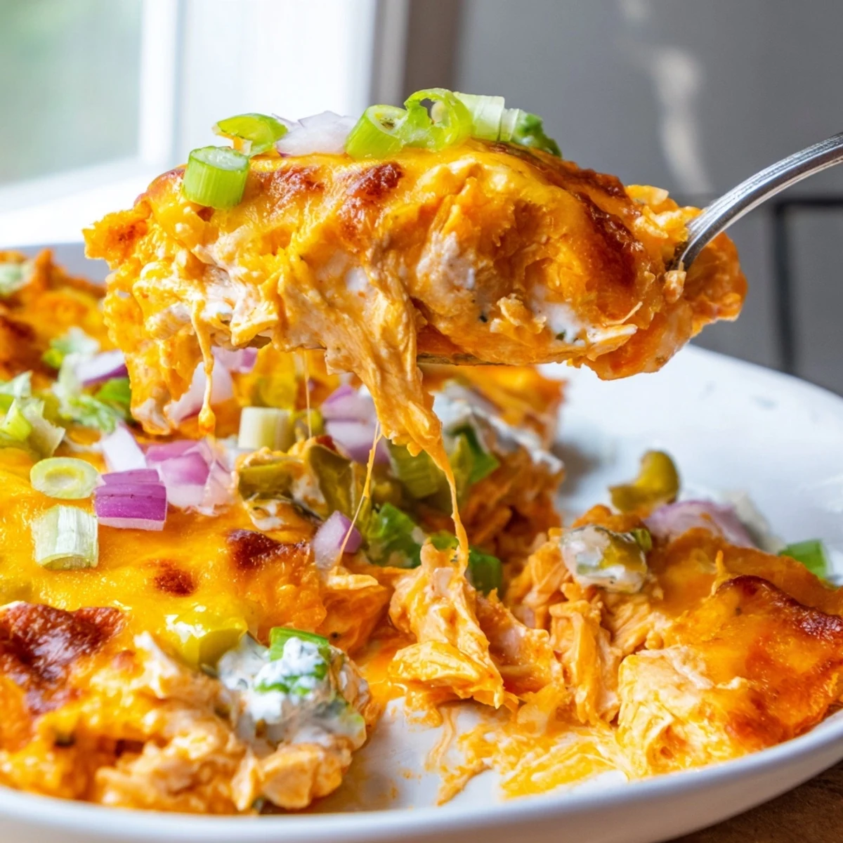 Golden bubbling Jalapeno Buffalo Chicken Casserole fresh from the oven with melted cheddar on top