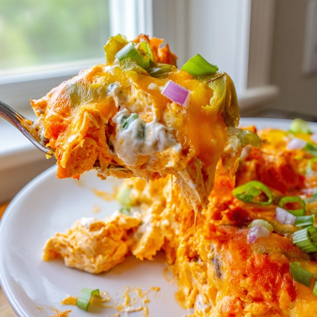 Creamy Jalapeno Buffalo Chicken Casserole topped with green onions and vibrant cilantro garnish