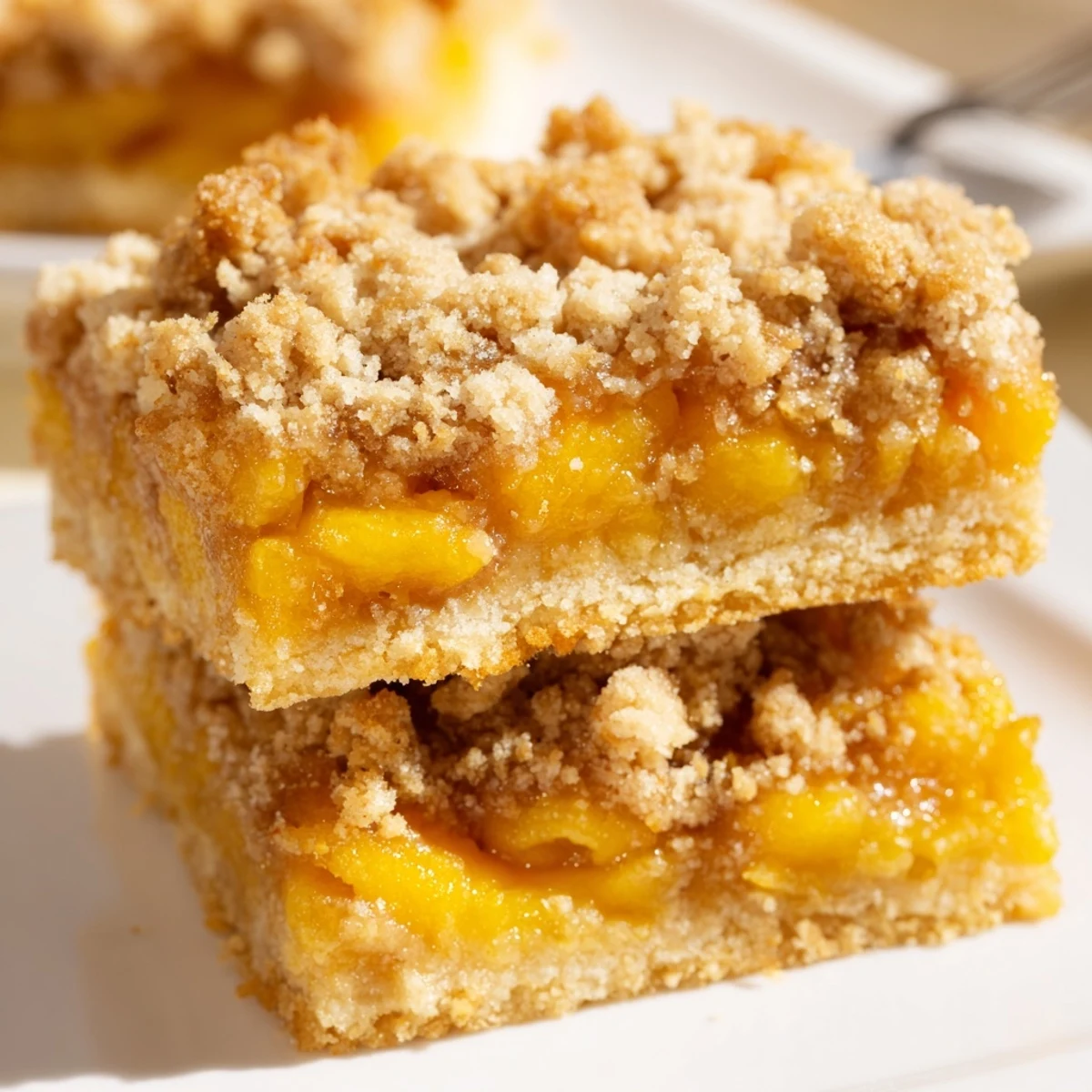 Sweet and buttery peach bars with cinnamon streusel topped with golden crumbly topping on a rustic plate