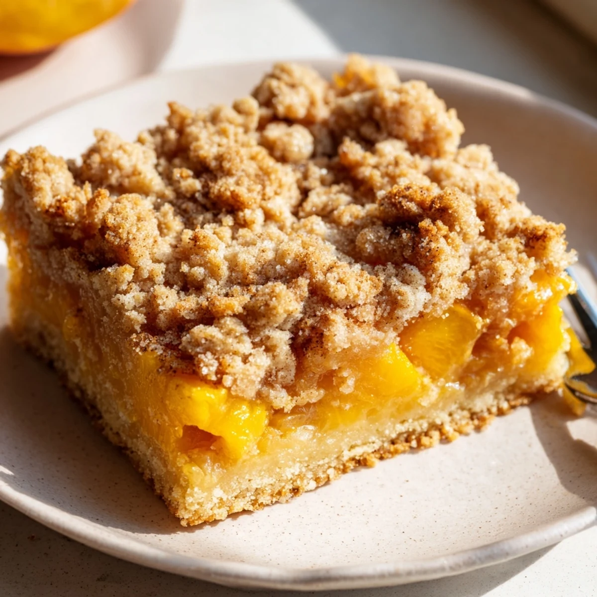 Warm peach bars with cinnamon streusel filling oozing under a crispy golden brown buttery crust