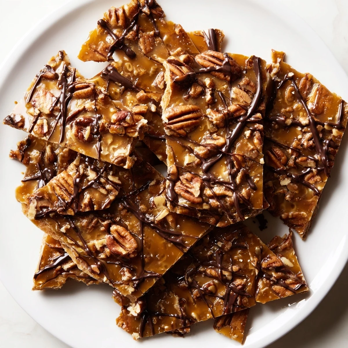 Golden pecan pie bark with caramelized topping drizzled in rich dark chocolate